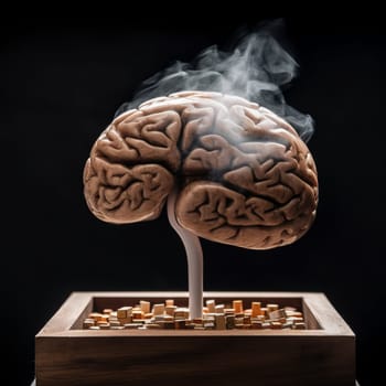 the smoking brain of a smoker stands in a wooden ashtray, on a dark background.