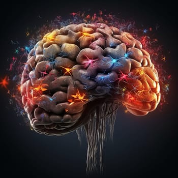 The human brain glows with multi-colored splashes, on dark background