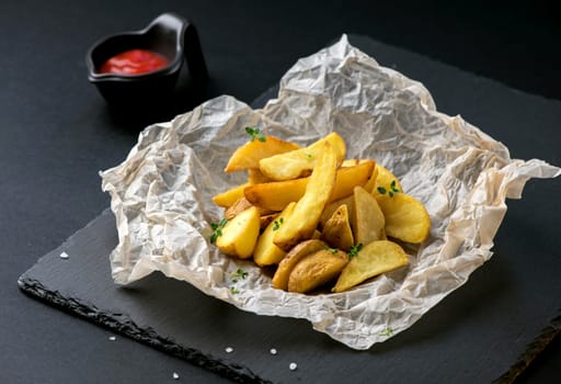 Baked potato wedges with sea salt and sauce on a black background