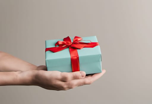 Top view of female hands holding present box package in the palms isolated over flat lay background