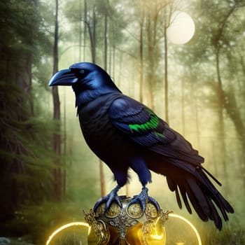 Portrait Mystical Dire Bird raven, Symbol of Gothic, Halloween, fear, by black crows terrible foggy forest. Wild animals crows black silhouette