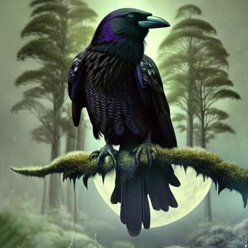 Raven sitting on a branch dark forest moon background