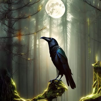 Illustration of night raven on a trees background and full moon. Tinted green