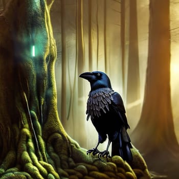 Halloween background. Black raven Spooky cloudy sky with moon and trees