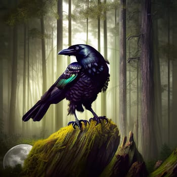 Creepy black crow croaking in misty dark forest on full moon night