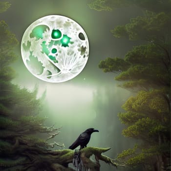 Creepy black crow croaking in misty dark forest on full moon night