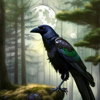 Halloween background. Black raven Spooky cloudy sky with moon and trees