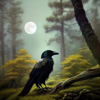 Illustration of night raven on a trees background and full moon. Tinted green