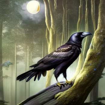 Creepy black crow croaking in misty dark forest on full moon night