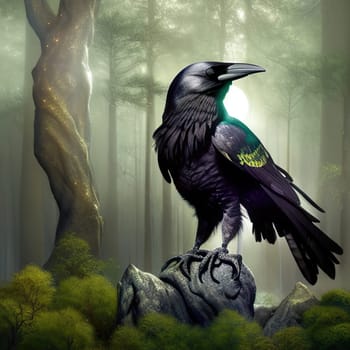 Illustration of night raven on a trees background and full moon. Tinted green