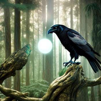 Halloween background. Black raven Spooky cloudy sky with moon and trees