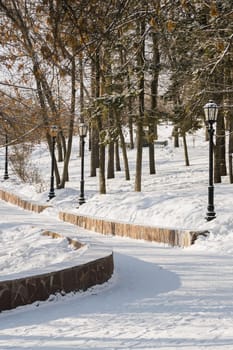 Snowy winter public park in city. Snowy walking path and frost trees. Cold season