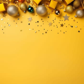 Luxury New Year's balls and toys on a yellow background on Christmas Eve.