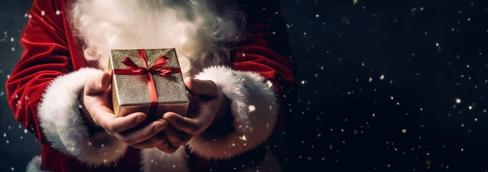 Christmas concept. Close up photo of Santa Claus hand holding a gift. Happy New Year, Merry Christmas, Celebration concept Sparkling present box with copy space space for text