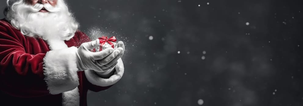 Christmas concept. Close up photo of Santa Claus hand holding a gift. Happy New Year, Merry Christmas, Celebration concept Sparkling present box with copy space space for text