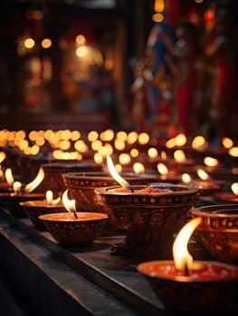 Tibetan Buddhist close up full of candles , solemn dark.