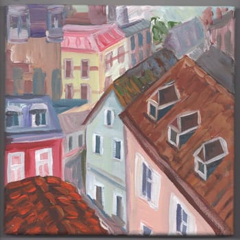 Painting with a view of old Europe. Cute street with houses with a tiled roof
