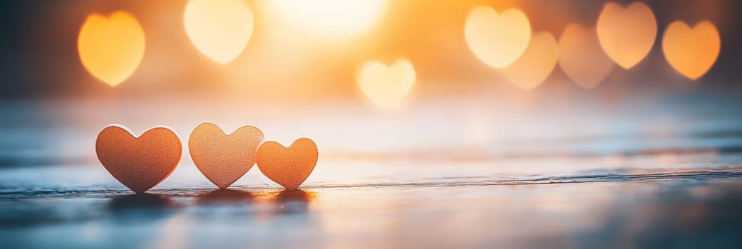 Valentines Day banner features vibrant hearts in soft focus, glowing against warm background. Perfect for expressing love, romance, celebration. Ideal for greeting cards, social media, decorations