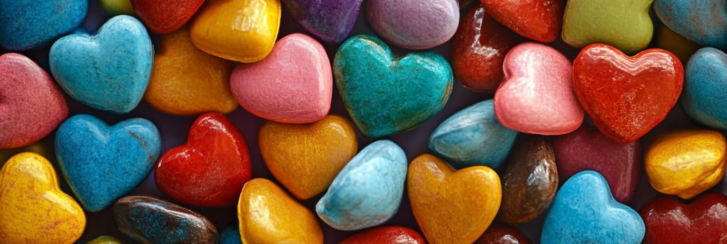 Valentines Day banner displays vibrant, colorful heart-shaped candies scattered playfully. For conveying love and joy, this eye-catching design attracts attention for celebration, parties, promotion