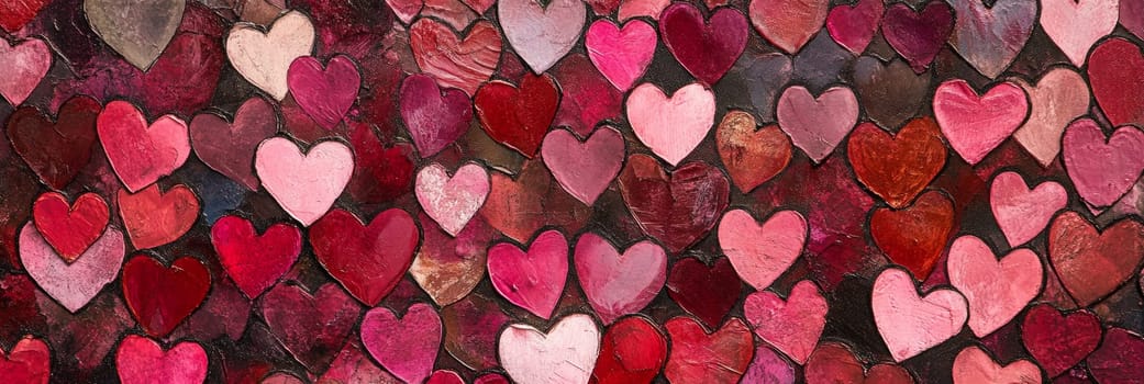 Valentines Day banner features stunning collage of colorful hearts in various shades of red, pink. For expressing love, affection, this design enhances decoration, promotion for romantic celebration