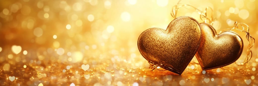 Valentines Day banner features two sparkling golden hearts against shimmering, warm background. For celebrating love, romance, this enchanting design captivates attention for decoration, promotion