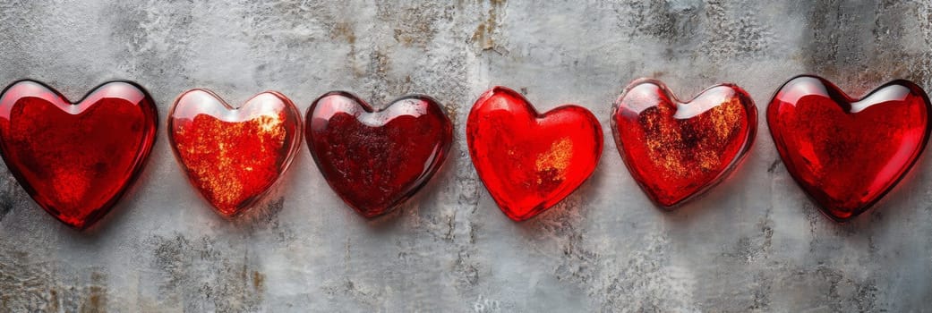 Valentines Day banner showcases beautiful, glossy red hearts arranged on textured background. For capturing attention, conveying love, this vibrant design enhances promotion, romantic celebration