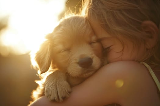 A heartwarming scene of a child embracing a puppy, highlighting the bond between them in beautiful sunlight. The joy and love are palpable.