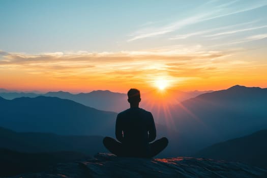 A silhouette of a person meditating on a rock during a stunning sunrise, surrounded by a vast mountain landscape, evoking tranquility and peace.