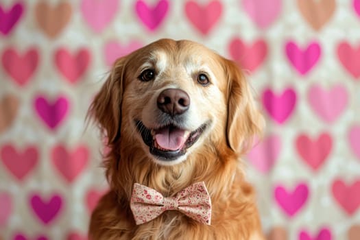 A charming golden retriever wearing a patterned bow tie smiles warmly, set against a vibrant heart-themed background, radiating joy and love.