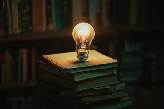A glowing light bulb perched on a stack of books creates a warm and inviting atmosphere in a cozy library setting at night.
