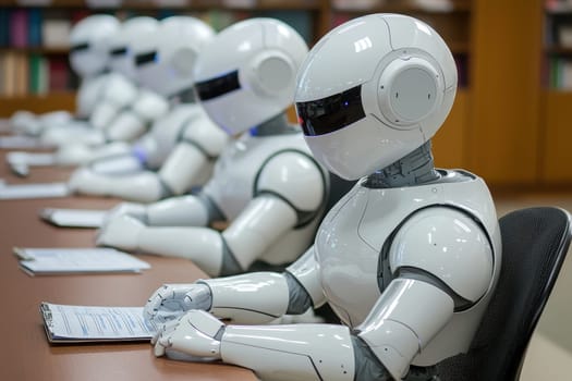 A group of futuristic robots sit attentively in a modern office setting, ready for a meeting. The robots represent advancement in technology and artificial intelligence.