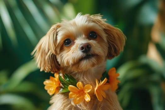 A small dog wearing a flowery collar with orange flowers. The dog is looking at the camera