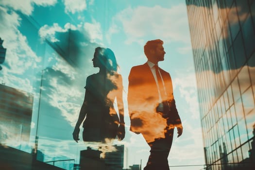 A stylish business couple walks confidently under a vibrant sunset sky, creating a beautiful silhouette against a modern city backdrop with reflections.