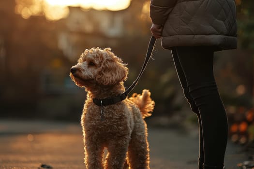 A person walks a golden dog on a leash during a stunning sunset, creating a peaceful outdoor moment. The warm light adds serenity to their stroll.