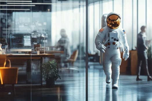 A surreal scene of an astronaut in a modern office, blending elements of science fiction with contemporary workplace design, symbolizing innovation and exploration.
