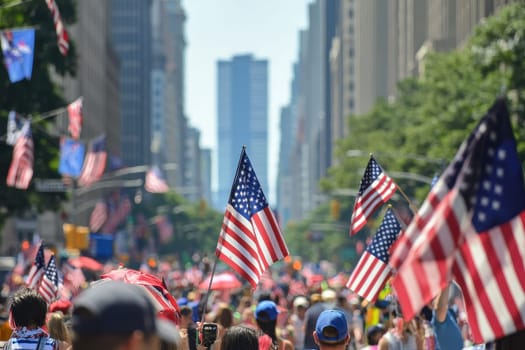 A lively street scene filled with diverse people waving American flags, celebrating unity and patriotism on a sunny day in an urban environment.