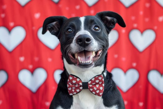 A joyful black and white dog wearing a cute bow tie smiles brightly against a vibrant red background adorned with heart shapes, perfect for love-themed projects.