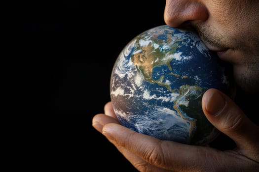 A person is shown gently holding and kissing a globe, symbolizing love and care for the Earth in a moment of warmth and connection.