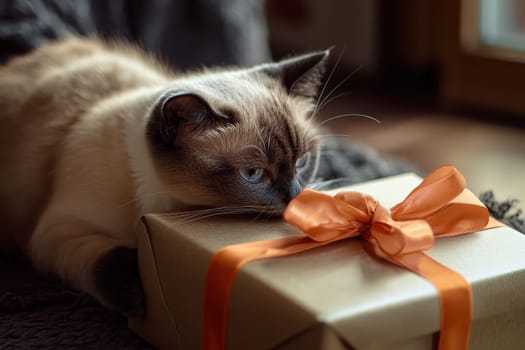 A delightful scene featuring a cute cat with blue eyes lounging on a beautifully wrapped gift box. The cozy atmosphere captures the essence of comfort and joy.