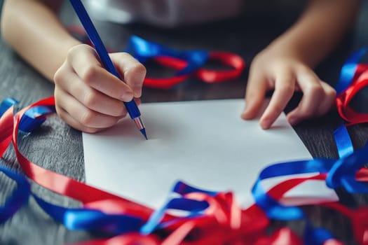 A child hand grips a blue pencil, poised to write on a blank sheet of paper, surrounded by vibrant red and blue ribbons, capturing a moment of creativity and inspiration.