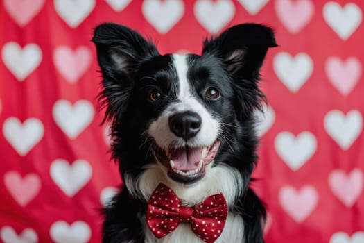 A black and white dog wearing a red bow tie is smiling and looking at the camera. The image has a warm and affectionate mood, as the dog appears to be happy and content