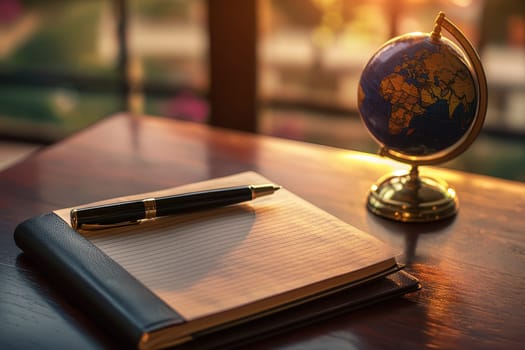 A cozy desk scene featuring a blank notebook, a stylish pen, and a globe. Warm sunset light enhances the inviting atmosphere for creativity and planning.