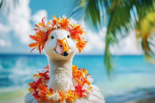 A charming white goose decorated with a bright floral crown poses against a stunning tropical beach backdrop, perfect for summer-themed projects.