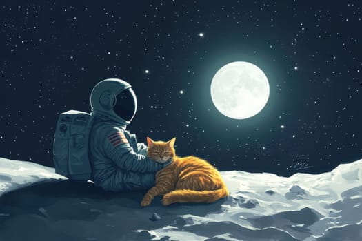 An astronaut enjoys a tranquil moment on the moon, cuddling with a peaceful cat under a luminous full moon, surrounded by twinkling stars.