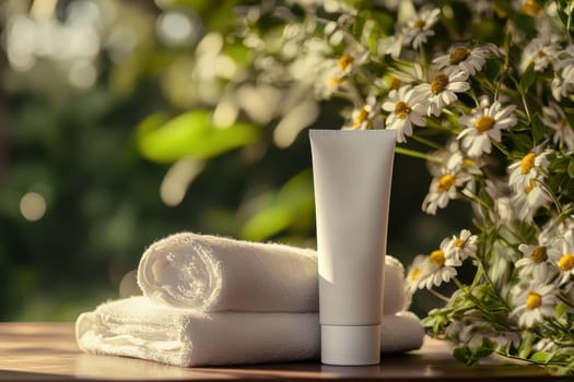 A serene spa setting showcasing a white cream tube with soft towels and vibrant daisies. The warm natural light enhances the calming atmosphere, perfect for self-care.