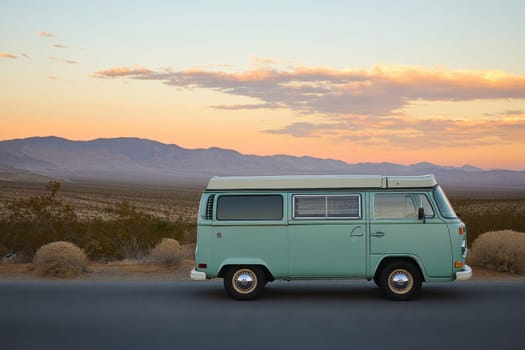 A stunning vintage Volkswagen van parked alongside a tranquil desert landscape at sunset, with majestic mountains in the background, inviting adventure and exploration.