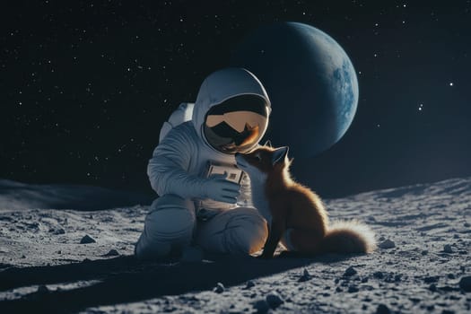 An imaginative scene depicting an astronaut kneeling to interact with a fox on the lunar surface, surrounded by stars and a distant planet, evoking wonder and curiosity.