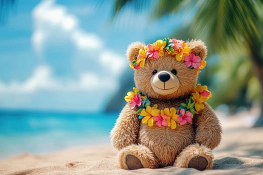 This charming teddy bear sits cheerfully on the sand, adorned with colorful flowers, embodying summer joy and relaxation in a beautiful beach setting.