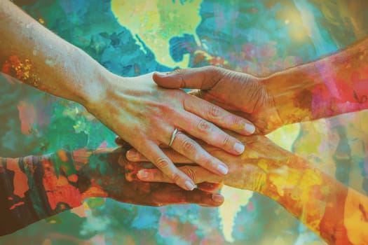 A vibrant image depicting diverse hands joined together in unity over a colorful world map, symbolizing global cooperation and connection among cultures.