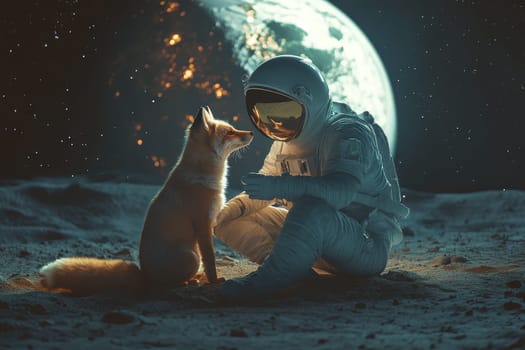 An astronaut gently interacts with a curious fox on the moon's surface, showcasing a surreal connection against a backdrop of Earth and stars.